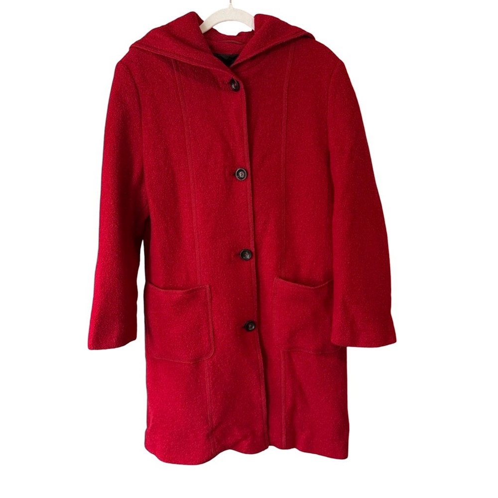 Gerry Weber Edition Red Hooded 100% Virgin Wool Trench Coat Size S M Winter - Picture 2 of 16